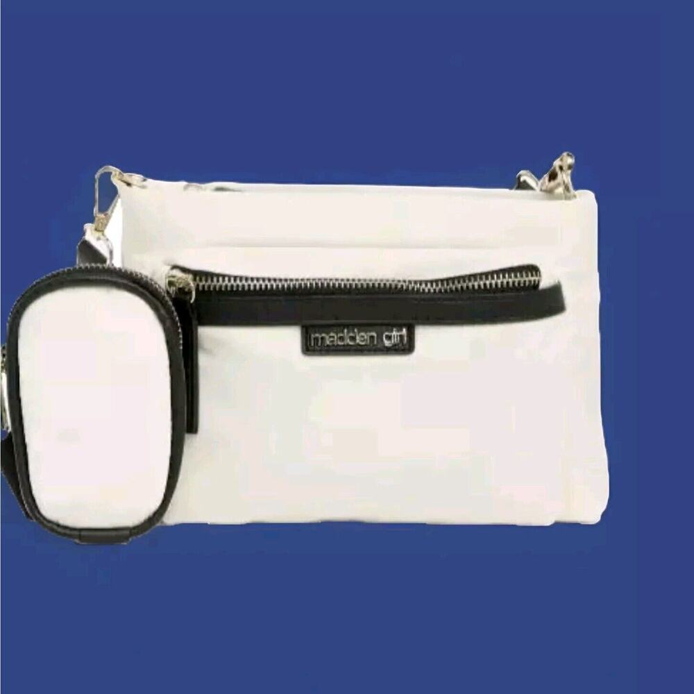 Madden Girl Crossbody Bag XBDY Cream/Black Logo Strap Zip Top Coin Purse NEW NWT